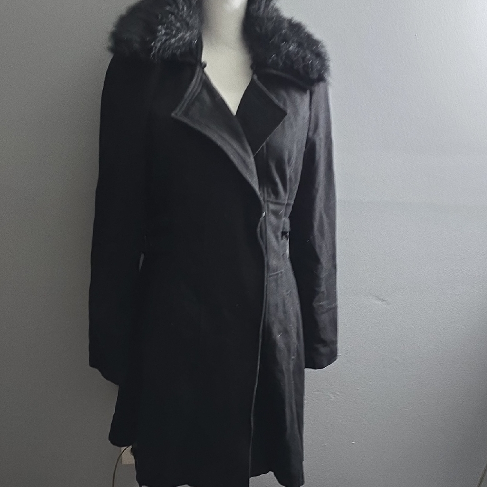 bebe Black Trench Coat with Fur Collar